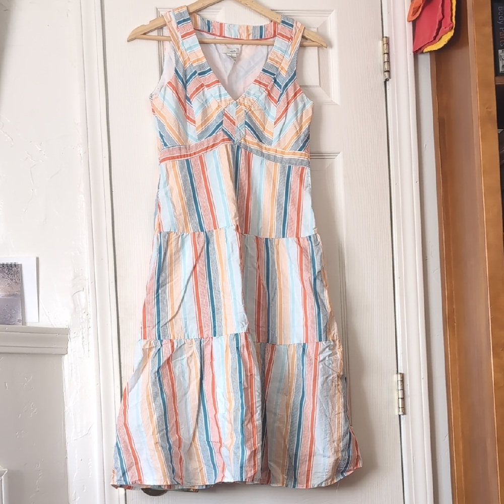 Odille Striped V-Neck Midi Dress in Coral, Blue & Cream